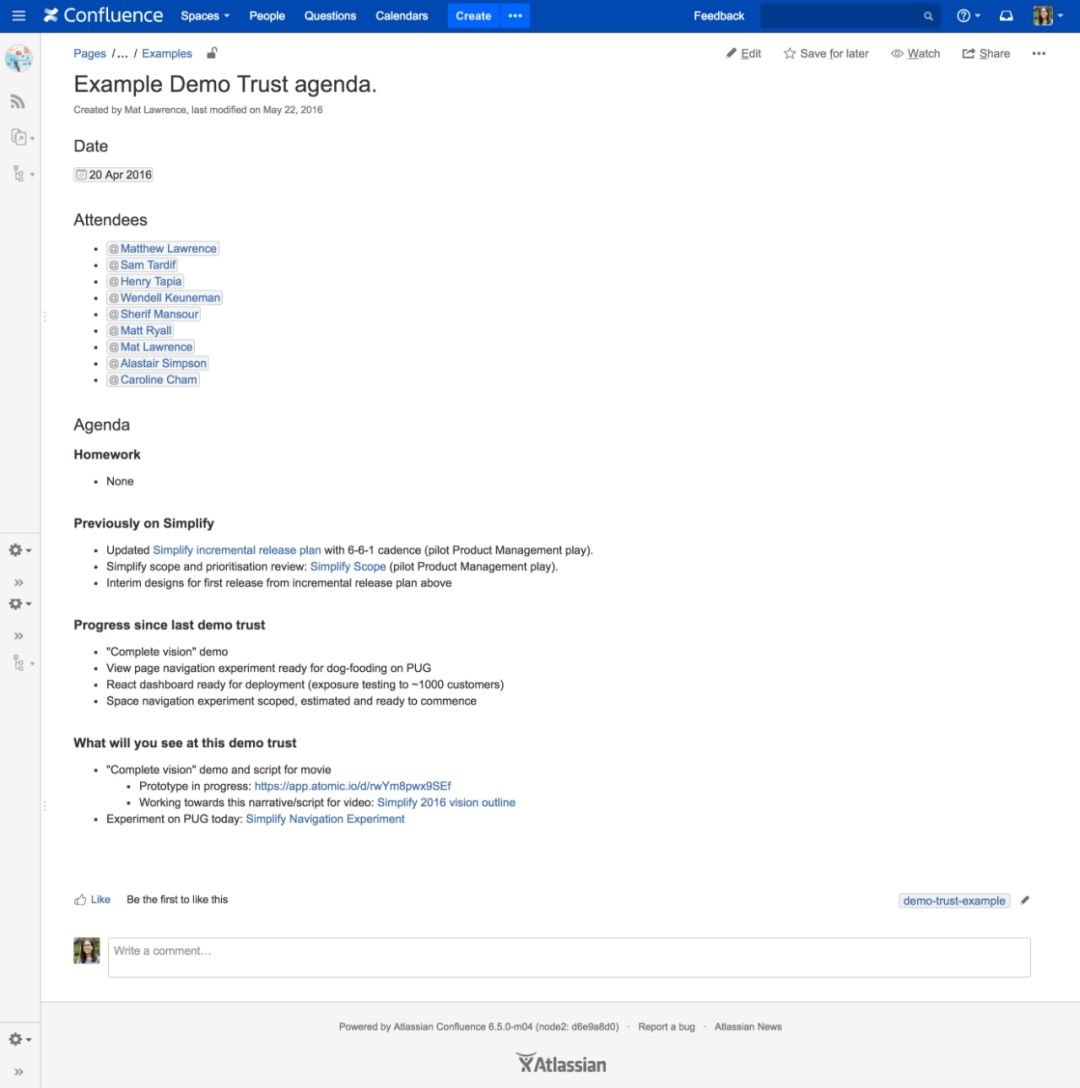 Confluence里设计的议程例图